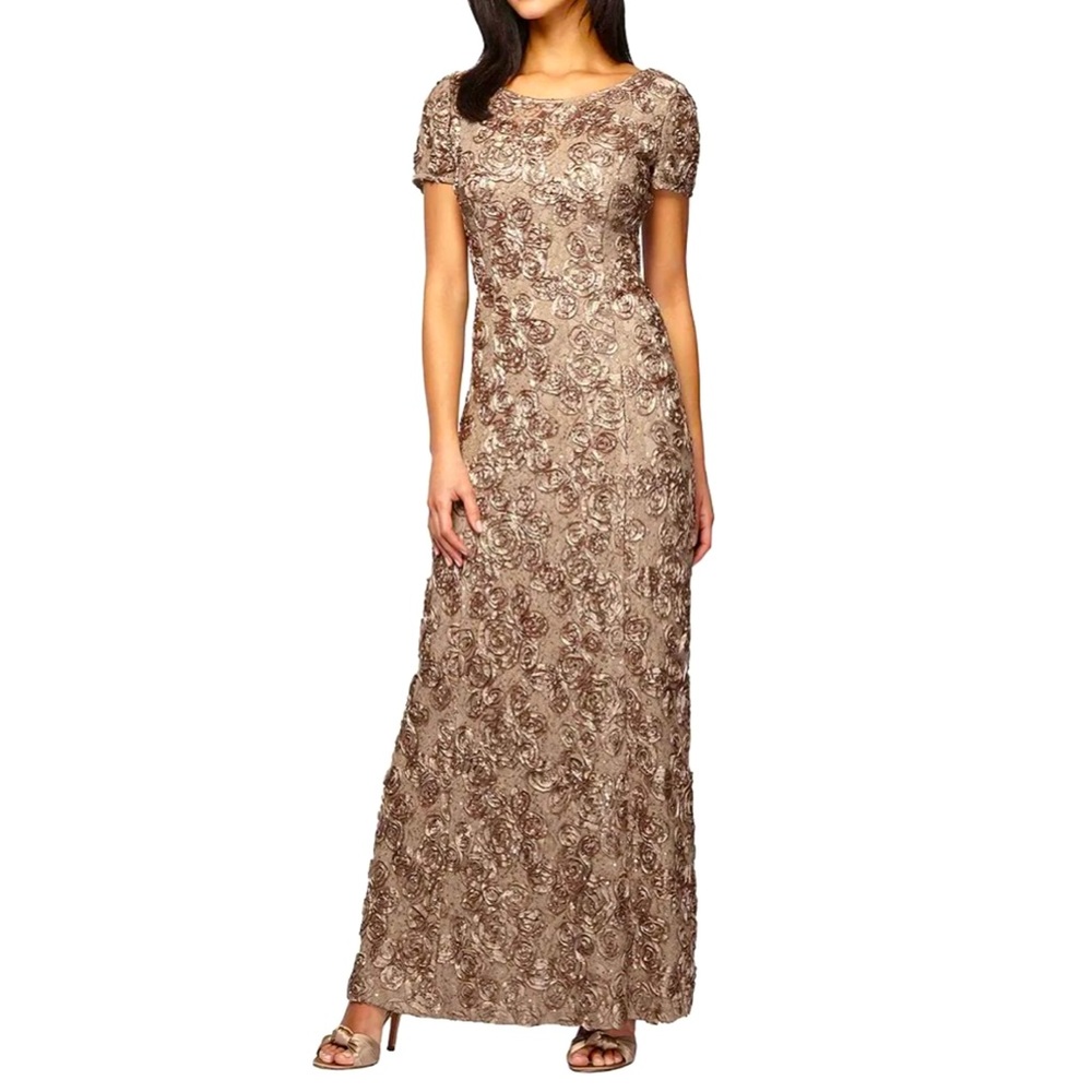 Sequined Floral Lace Ribbon Rosette Round Neck Short Sleeve Size 14.